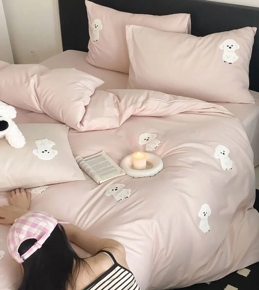 YOUMIKA  -  cute cartoon embroidery dog pink beige bedding set,twin full queen king cotton home textile bed sheet pillow case quilt cover