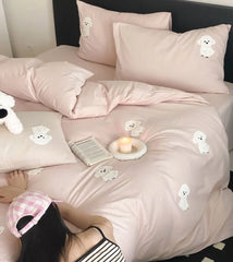 YOUMIKA  -  cute cartoon embroidery dog pink beige bedding set,twin full queen king cotton home textile bed sheet pillow case quilt cover