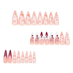 YOUMIKA  -  24Pc Long Stiletto Press On Nails Cherry Pink French False Nails With 3D Bow Pearls Design Detachable Acrylic Fake Nail Art Tips