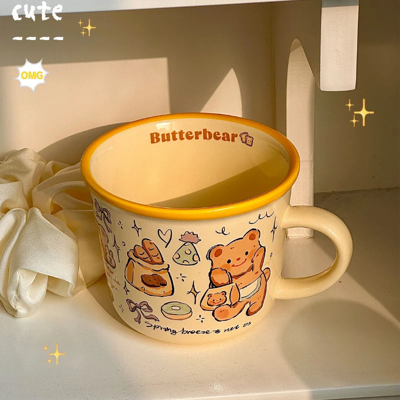 YOUMIKA  -  Spring Butter Bear Bread Cute Hand Drawn Wind Cream Breakfast Coffee Ceramic Mug Gift Water Cup