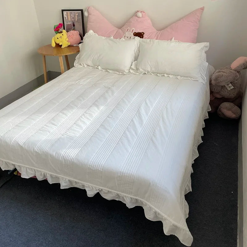 YOUMIKA  -  INS Style Quilted Lace Ruffles Cotton Summer Quilt Blanket Bedspread Solid Color Korean Princess Style Summer Thin Quilt 1/3Pc