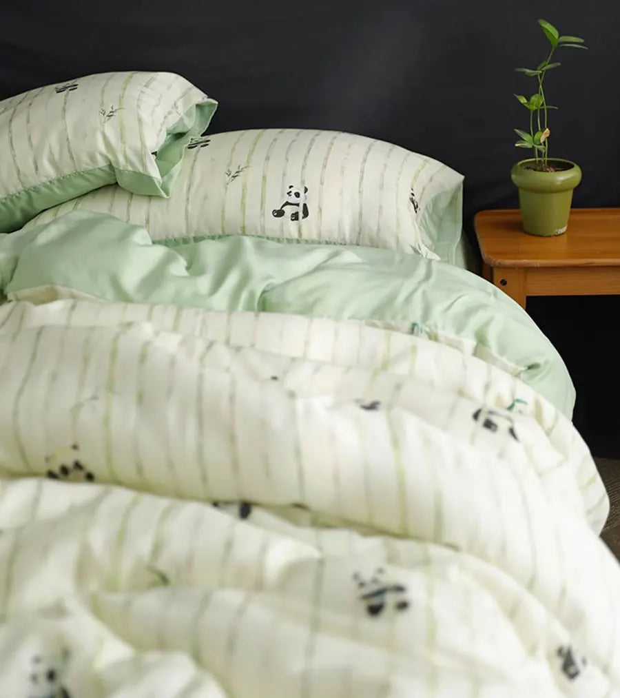 YOUMIKA  -Cute Cartoon Green Panda Bamboo Bedding Set 1.2 1.5 1.8 2.0,twin Full Queen King Home Textile Bed Sheet Pillowcase Quilt Cover