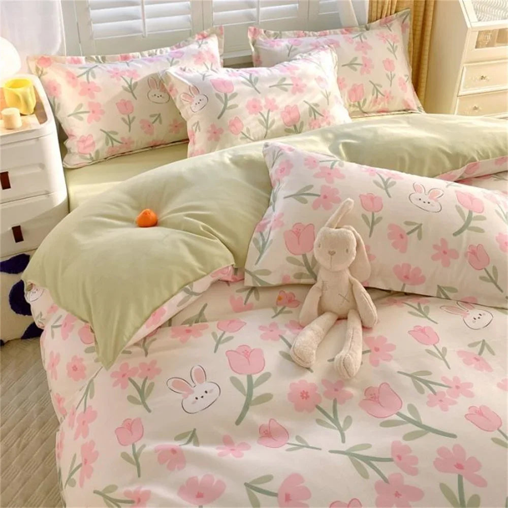 YOUMIKA  -  Pastoral Floral Bedding Set No Filler Soft Washed Cotton Duvet Cover Flat Sheet Pillowcase Full King Girls Adults Bed Linens