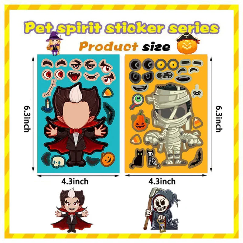 YOUMIKA  -  8/16Sheets Halloween Make a Face Puzzle Sticker Kids Party Favors Gift Toy DIY Pumpkin Ghost Assemble Jigsaw Educational Game