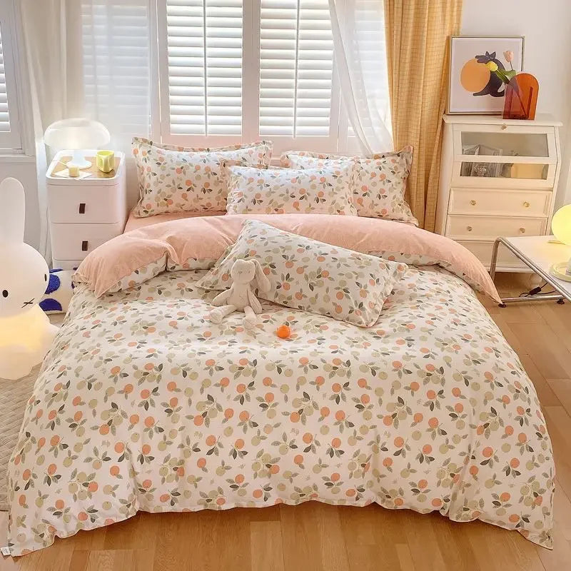 YOUMIKA  -  Pastoral Floral Bedding Set No Filler Soft Washed Cotton Duvet Cover Flat Sheet Pillowcase Full King Girls Adults Bed Linens