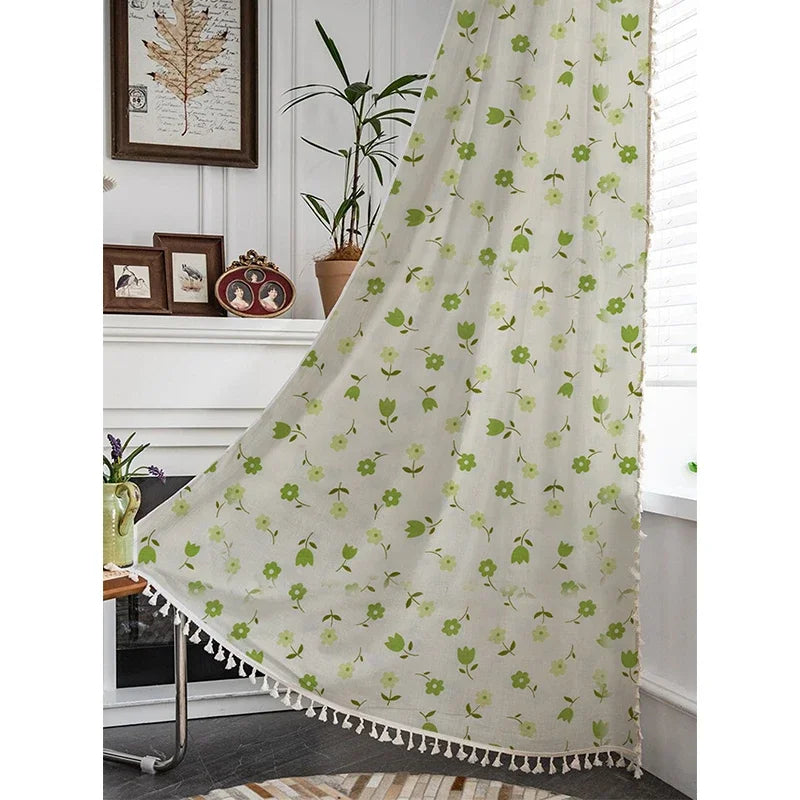 YOUMIKA  -  Bohemian Floral Printed Curtains Pastoral Style Cartoon Flower Drape Cotton Curtain Panel with Tassel for Living Room Bedroom