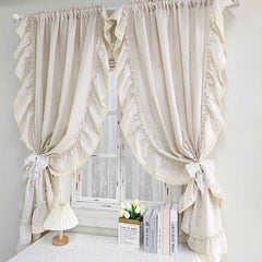 YOUMIKA  -  Romantic French Ruffled with Splicing Crochet Lace Gauze Curtains For Bedroom, Retro Home Kitchen Window Screen Drapes Decor