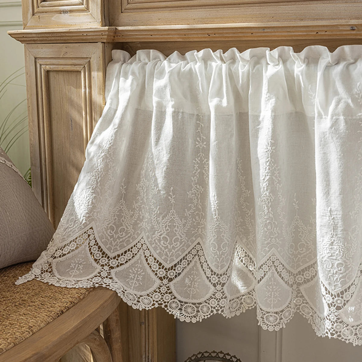 YOUMIKA  -  White Hollow-out Embroidered Lace Short Curtains For Small Window ,Rod Pocket Design for Kitchen, Cabinet & Farmhouse Decor