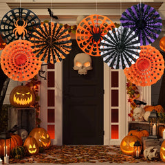 YOUMIKA  -  2/4pcs Halloween Paper Fans Decorations Black Orange Spider Web Hanging Paper Fan for Spooky Halloween party haunted house Decor