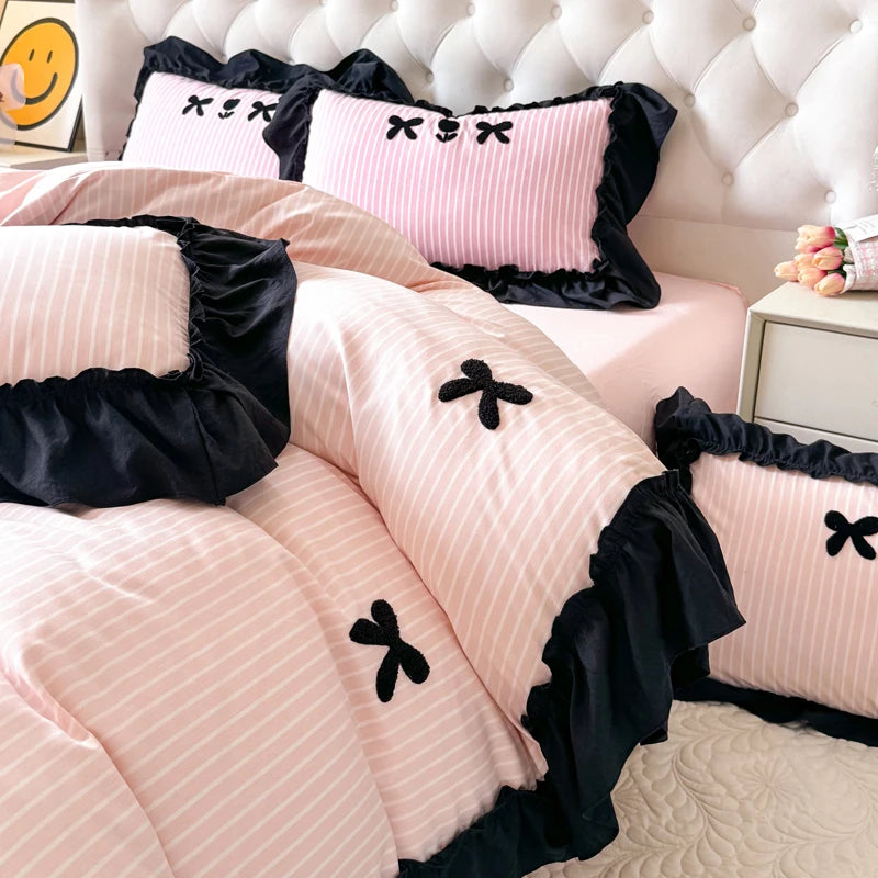 YOUMIKA  -  Black Lace Ruffles Korean Princess Style Bow Decoration Bedding Set Soft Skin-friendly Stripe Duvet Cover Bed Sheet Pillowcases