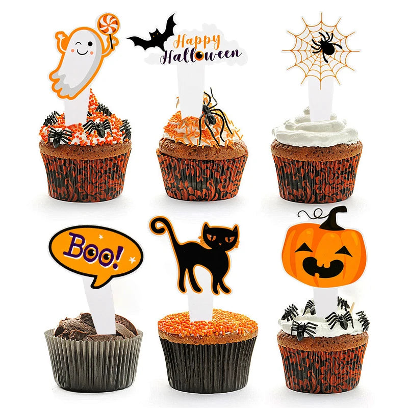 YOUMIKA  -  16/48pcs Halloween Cupcake Toppers Pumpkin Ghost Bat Cake Dessert DIY Decorations Kids Halloween Birthday Party Favors Supplies