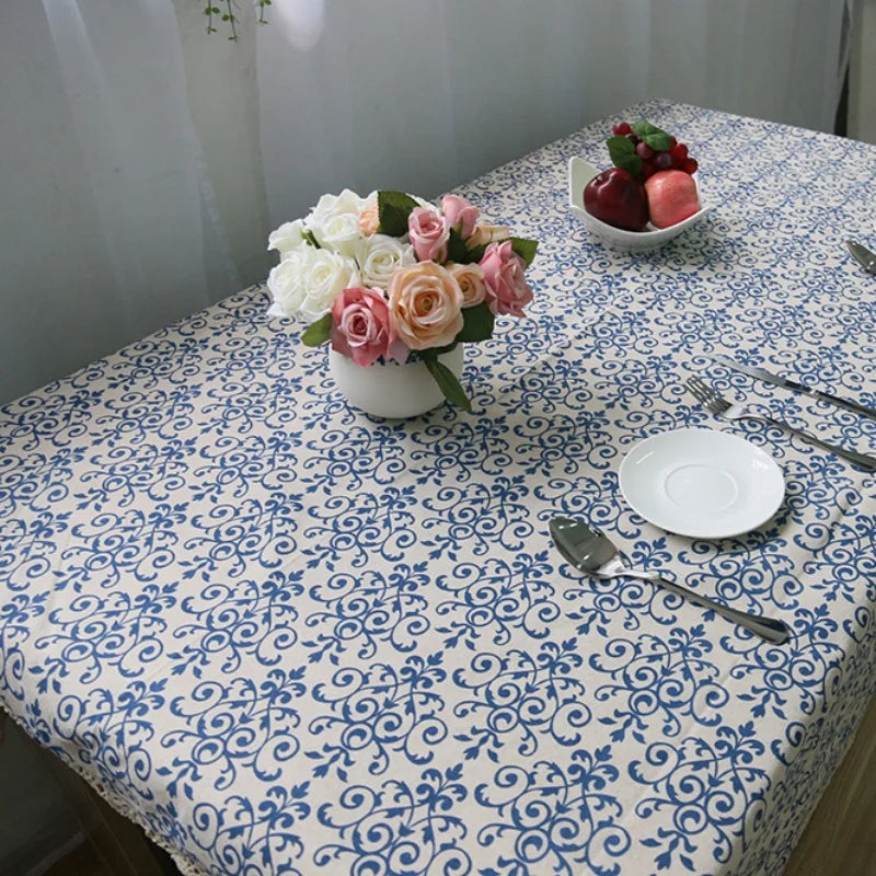 YOUMIKA  -  Cotton And Linen Chinese Classic Tablecloths Blue Printed Table Cover Napkin Dust-Proof  Assorted Size Rectangle For Restaurant