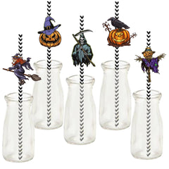 YOUMIKA  -  24pcs Halloween Paper Straws With Spider Bat Witch Skeleton Ghost Card Halloween Party Cocktail Drinking Straws Halloween Decor