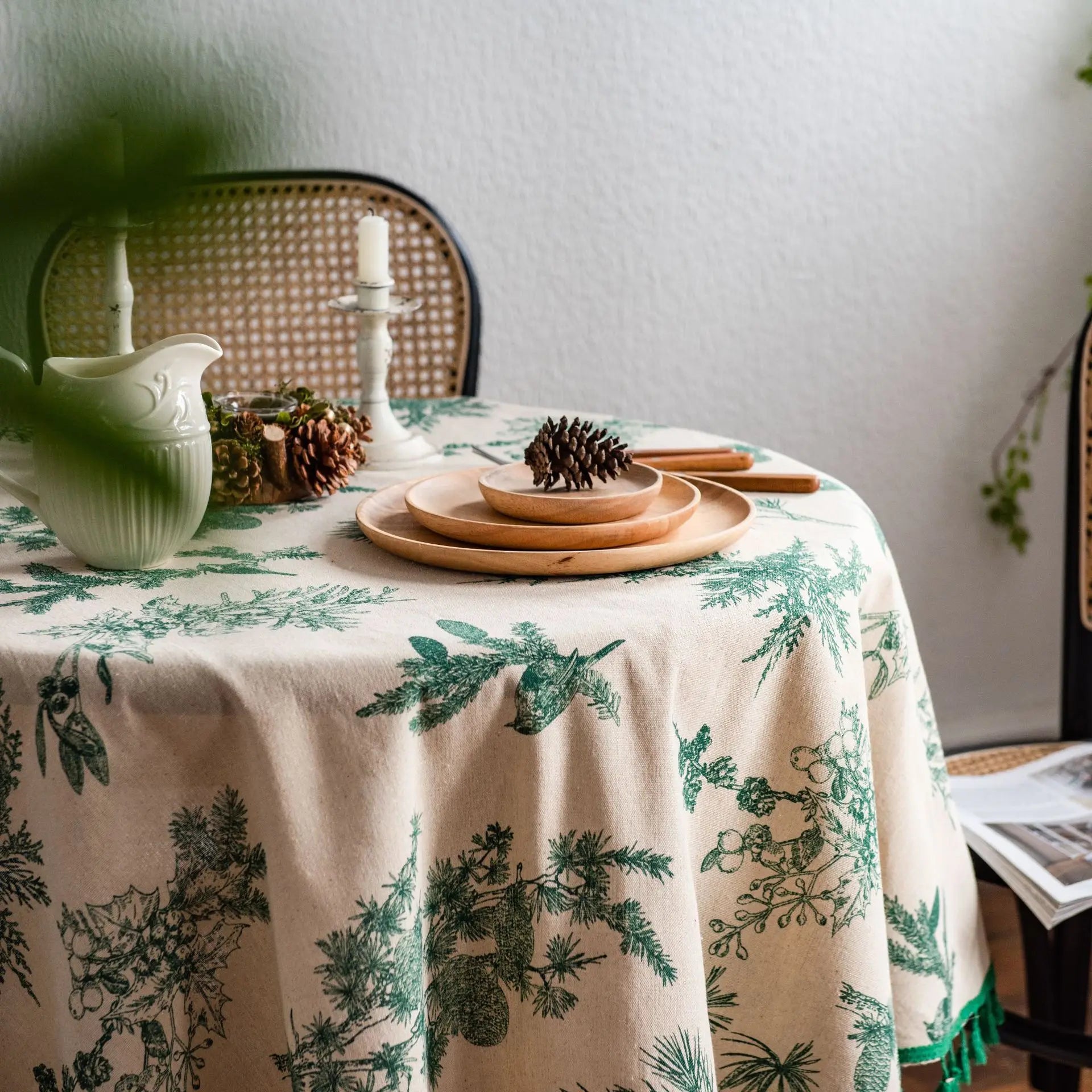 YOUMIKA  -  Round Tablecloth with Tassels Table Cloth Korean Cotton Linen Green Pine Table Cover Home Party Decoration Farmhouse Tabledecor