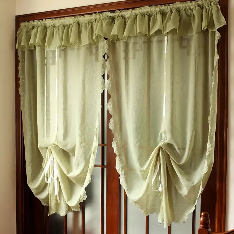 YOUMIKA  -  Creamy Balloon Curtain Window Sheer Valance Lace Ruffle Tie Up Roman Curtain Handmade Crochet Embroidered Home Decoration TJ8262