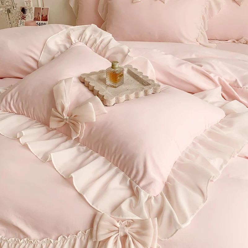 YOUMIKA  -  Korean Style Princess Lace Bow Bedding Set Pink Sweet Girl Chiffon Ruffles Duvet Cover Bed Sheet Pillowcase Wedding Home Textile