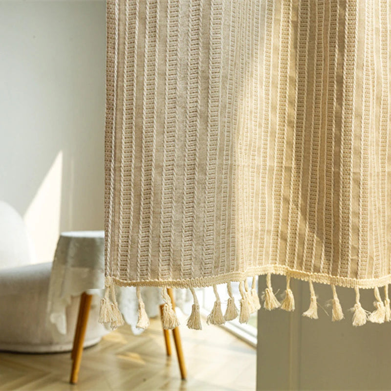 YOUMIKA  -  Farmhouse Door Curtains for Bedroom & Living Room French Country Cute Textured Window Curtain Striped Bohemian Tassels Draperies