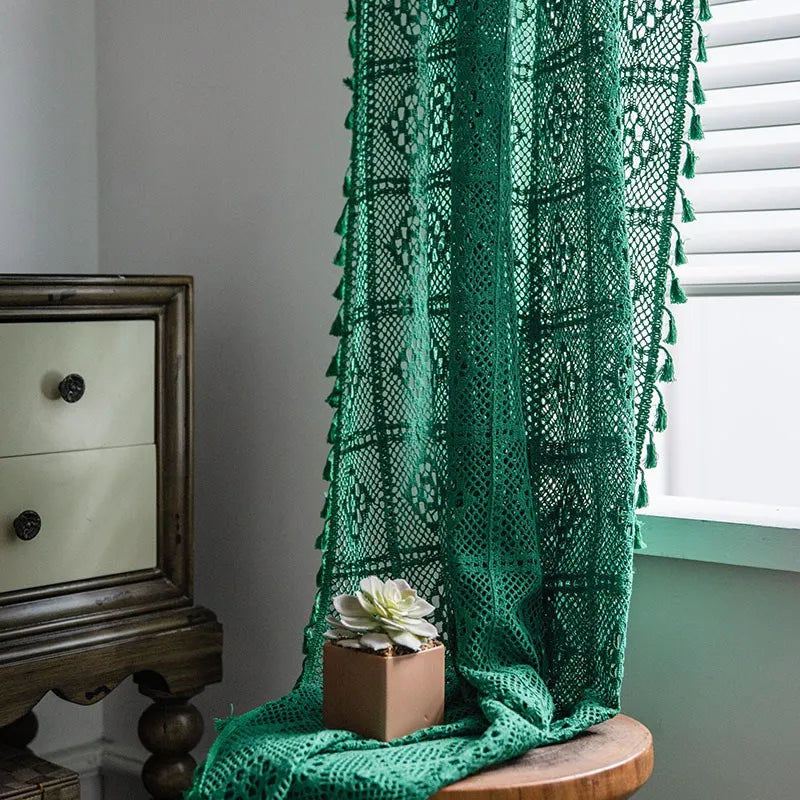 YOUMIKA  -  American Style Dark Green Vintage Hollowing Crochet Patchwork Window Curtain Blackout Drapes for Living Room Study Curtain