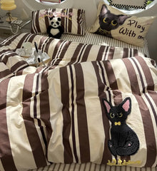 YOUMIKA  -  Fashion towel embroidery cat stripes brown bedding set kid,twin full queen cotton home textile bed sheet pillow case quilt cover