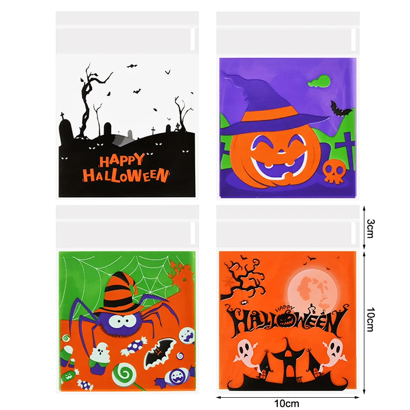 YOUMIKA  -  100Pcs Halloween Candy Bags Pumpkin Ghost Plastic Gift Cookie Packaging Bags Halloween Party Decor Supplies Kids Trick or Treat