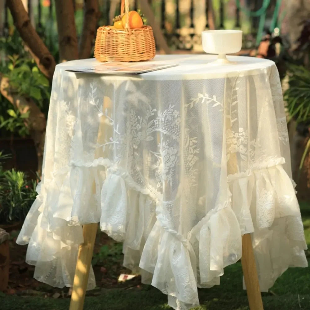 YOUMIKA  -  French Romantic White Lace Tablecloth Round Dining Table Coffee Table Tablecloth Garden Wedding Decoration Cover