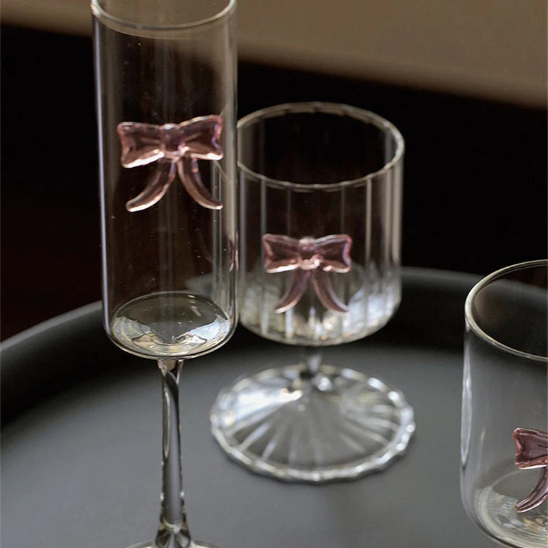 YOUMIKA  -  Bowknot Glass Cup Pink Butterfly Goblet Cute Cups For Juice Wine Drinkingware Ice Cream Dessert Cup Elegant Champagne Glasses