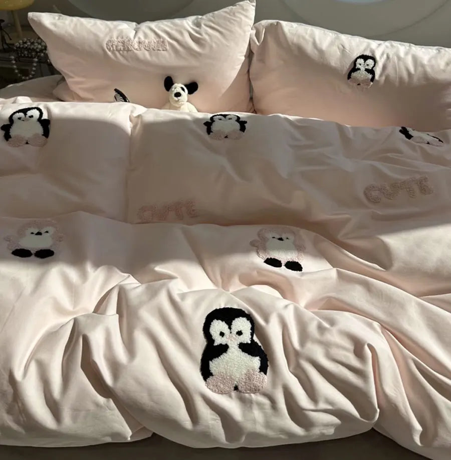 YOUMIKA  -  Fashion towel embroidery penguin bedding set,full queen king kawaii sand cotton home textile bed sheet pillow case quilt cover