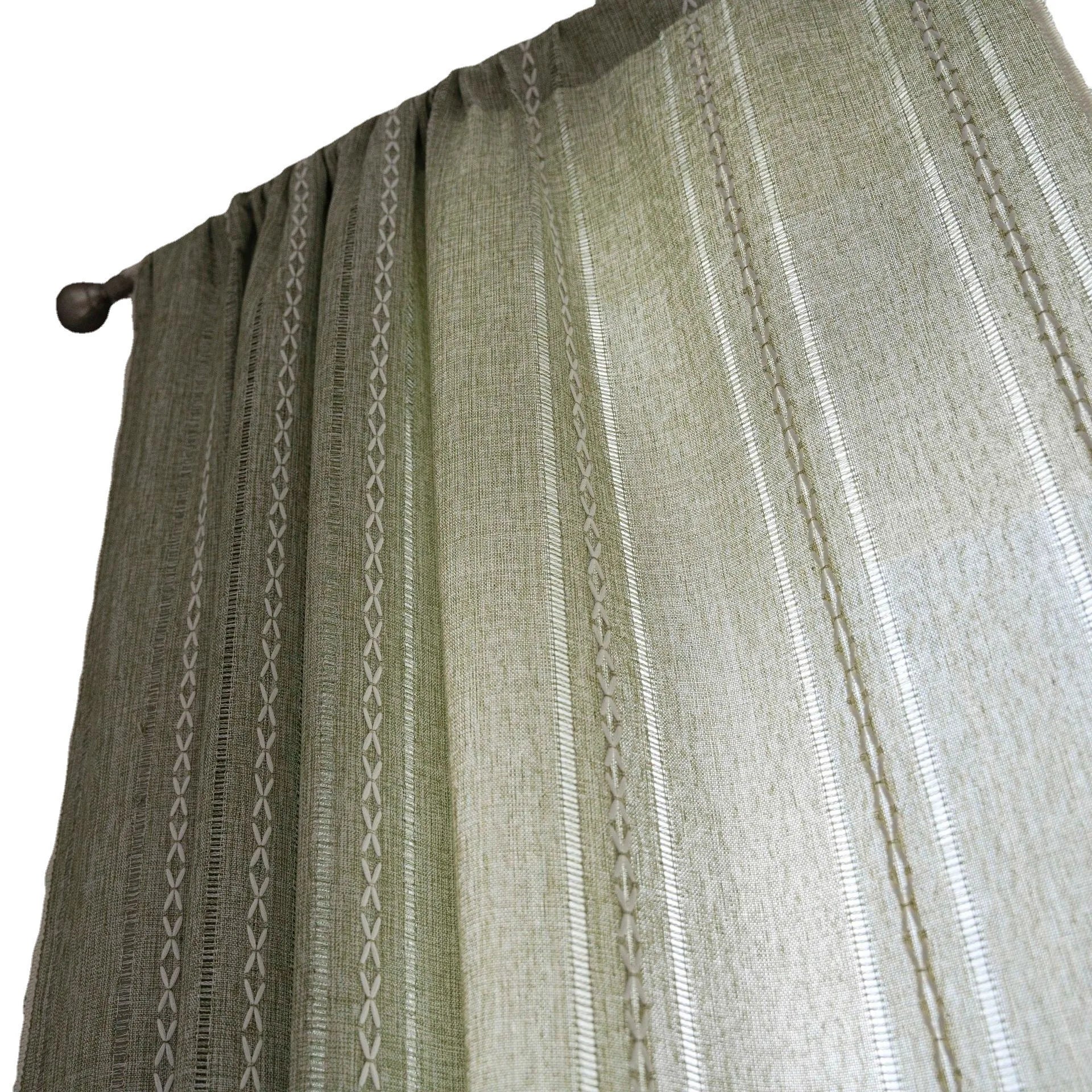 YOUMIKA  -  Polyester Green Transparent Curtains, Beige Line Curtain with Broom Tassels, Bedroom and Living Room