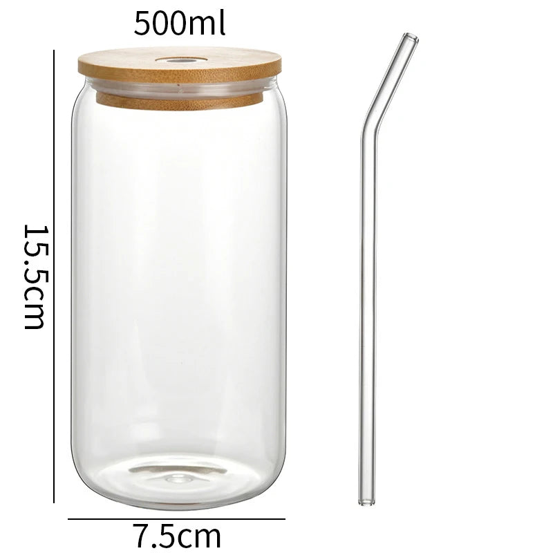 YOUMIKA  -  Cute Bowknot Glass Cups With Bamboo Lid And Straw 500ml Can Shaped Glass Cups Iced Hot Coffee Juice Glasses Tumbler Cup Gift