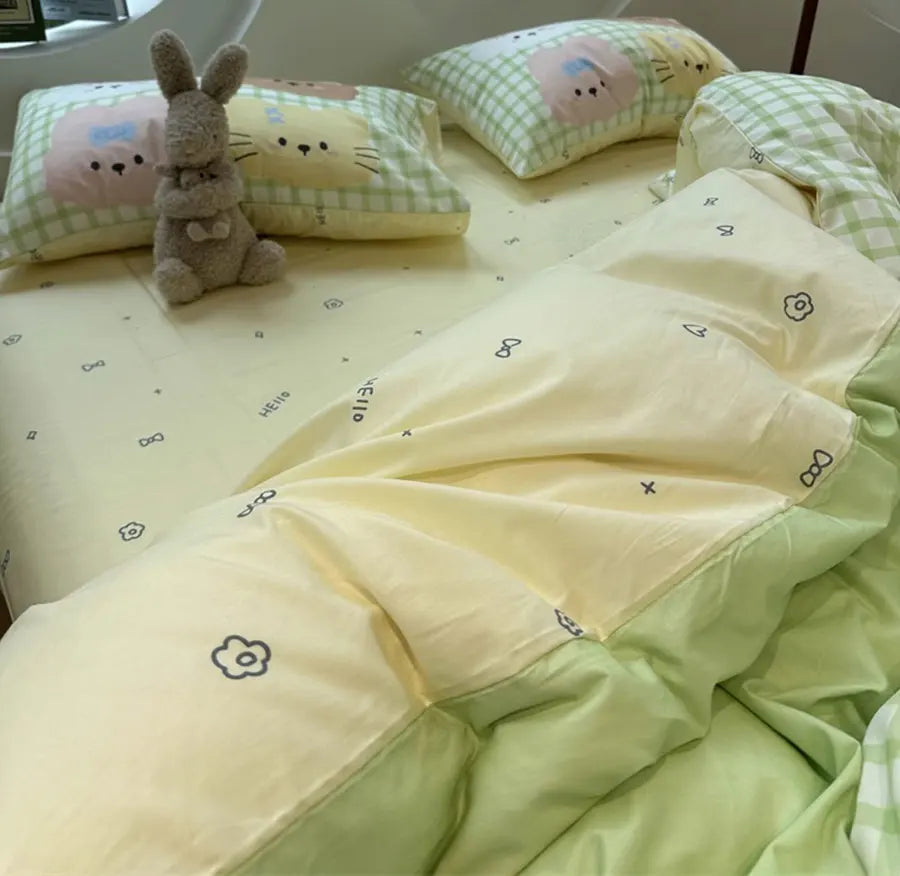 YOUMIKA  -  Cute cartoon rabbit cat bear dog bedding set,twin full queen green plaid cotton home textile bed sheet pillow case quilt cover