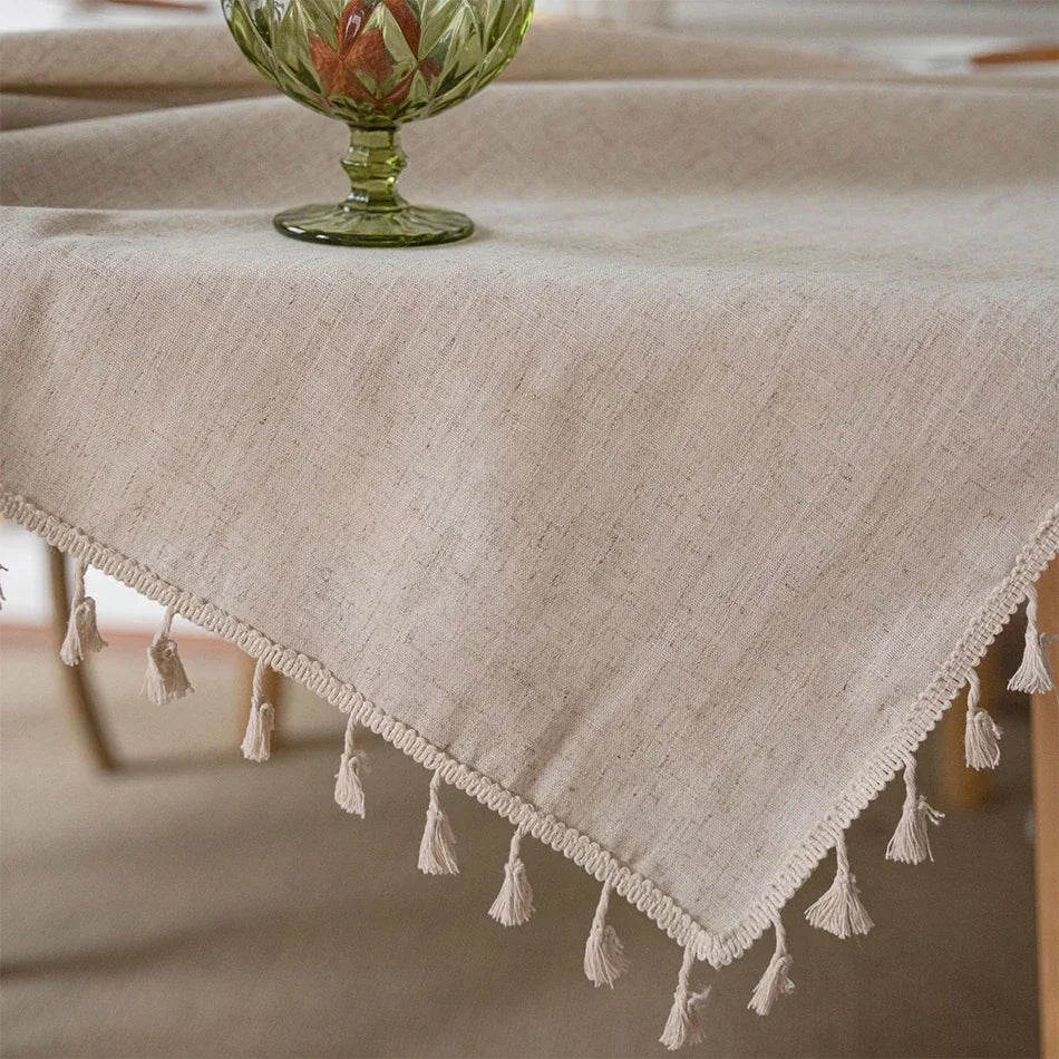 YOUMIKA  -  Cotton Linen Tablecloth,Rectangle Tassel,Jute Rope Lace Dust-Proof Table Cover,for Kitchen Dinning Party Tea Table Decor