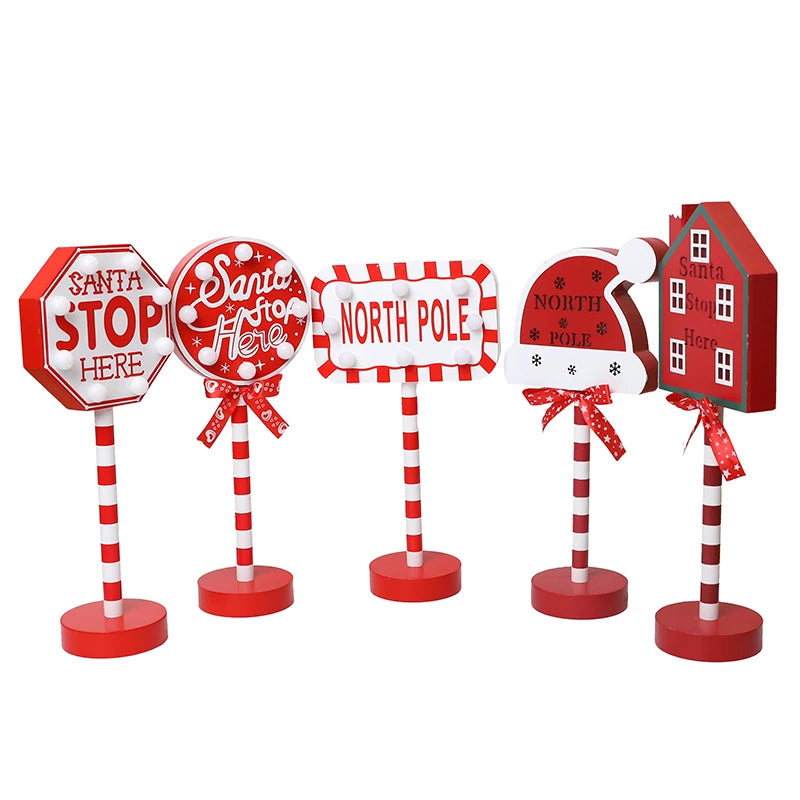 YOUMIKA  -  Christmas Retro Lamp LED Light Santa Stop Here Street Sign Xmas Wooden Desktop Decoration for Home Navidad New Year Kids Gift