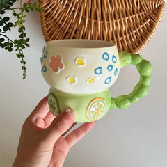 YOUMIKA  -  Sweet and Lovely Hand-painted Relief Contrasting Color Gourd Ceramic Mug Underglaze Color Coffee Cup Gift Cup