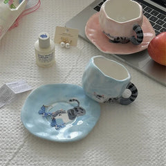 YOUMIKA  -  Cute Hand Drawn Cat Hand Drawn Ceramic Coffee Cup Dish Underglaze Color Gift Cup