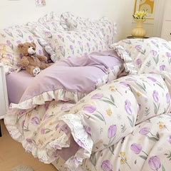 YOUMIKA  -  Fresh Floral Duvet Cover Set No Filler Lace Ruffles Bedding Washed Cotton Bed Linens Flat Sheet Pillowcase for Girls 200x230cm