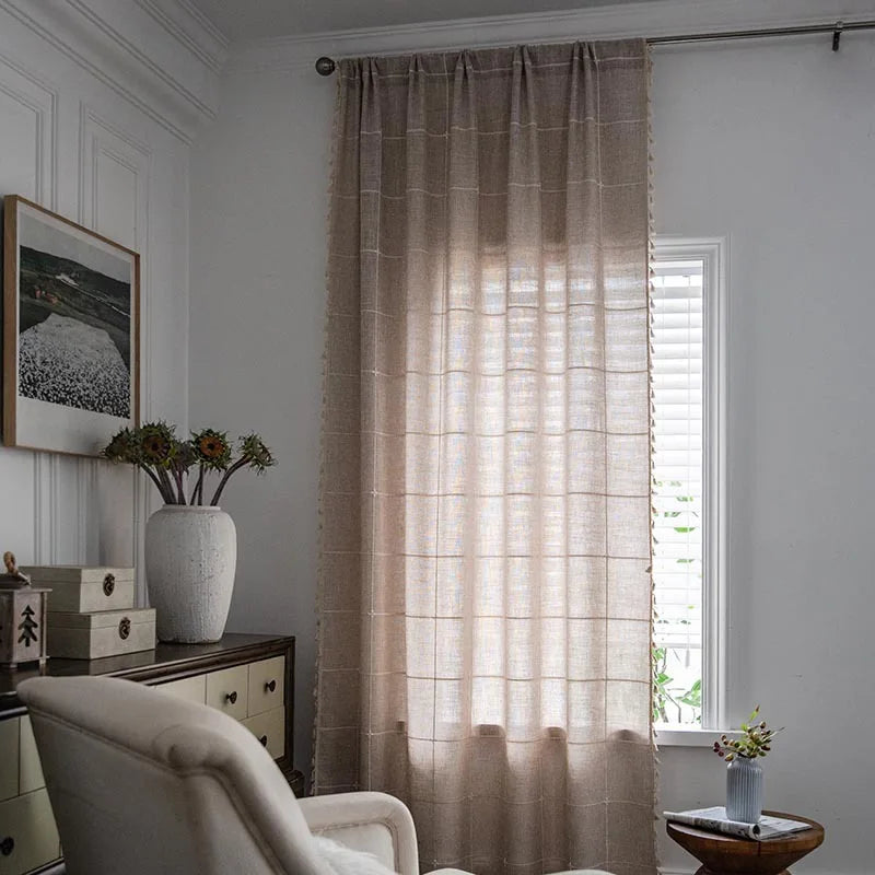 YOUMIKA  -  Jacquard Polyester Curtains with Checkered Lines, Beige Tassel Shading Curtain, Living Rooms Bedrooms, Coffee Shops