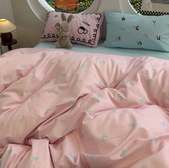 YOUMIKA  -  Cute Embroidery Bow Pink Bedding Set 1.2 1.5 1.8 2.0,twin Full Queen King Cotton Home Textile Bed Sheet Pillow Case Quilt Cover