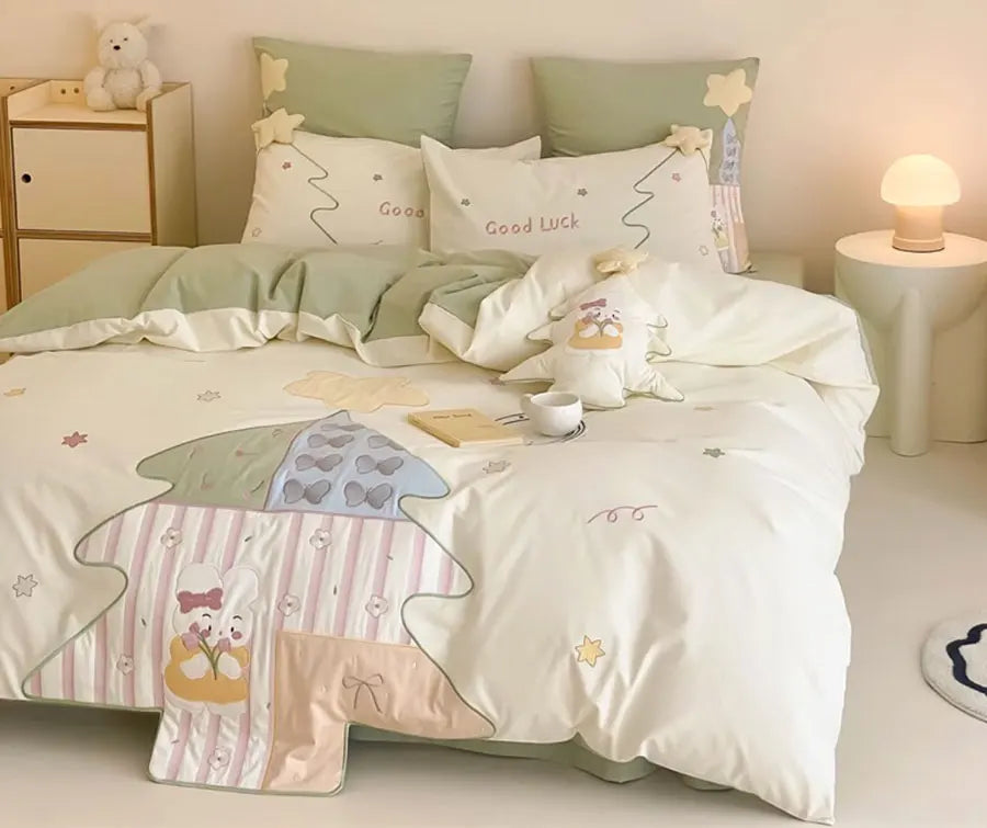 YOUMIKA  -  Fashion cute embroidery rabbit green bedding set double,full queen king cotton home textile bed sheet pillow case quilt cover