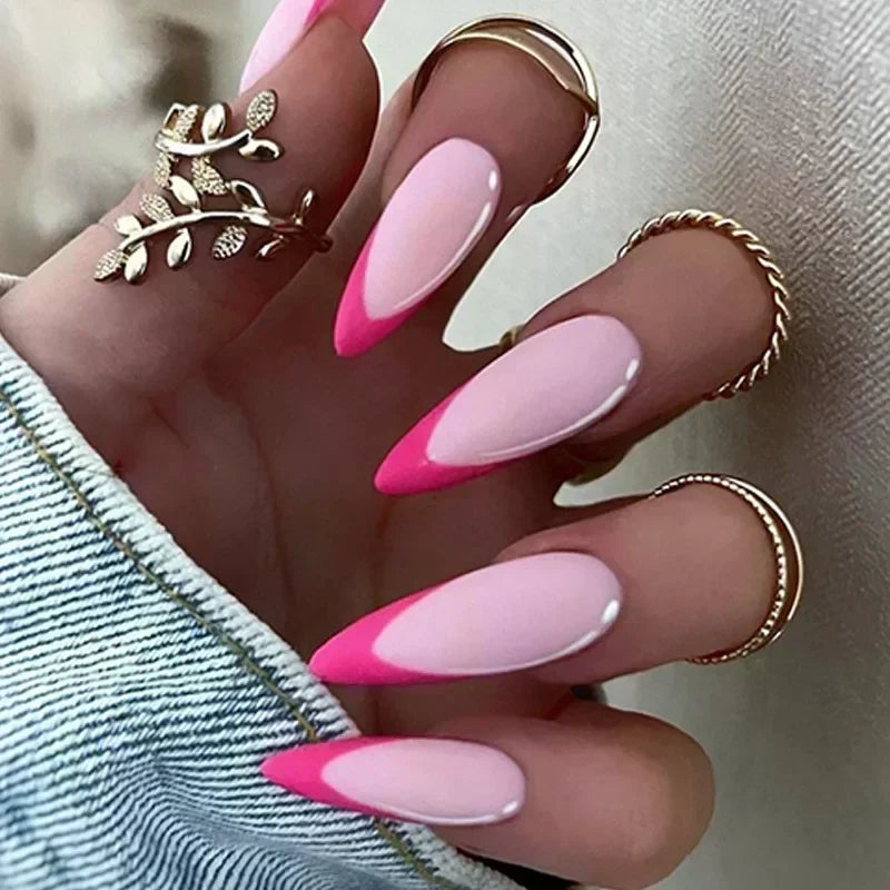 YOUMIKA  -  24Pcs long stiletto False Nails Wearable  Almond Fake Nails Pink Leopard Print Design Bright color Full Cover Press on Nails