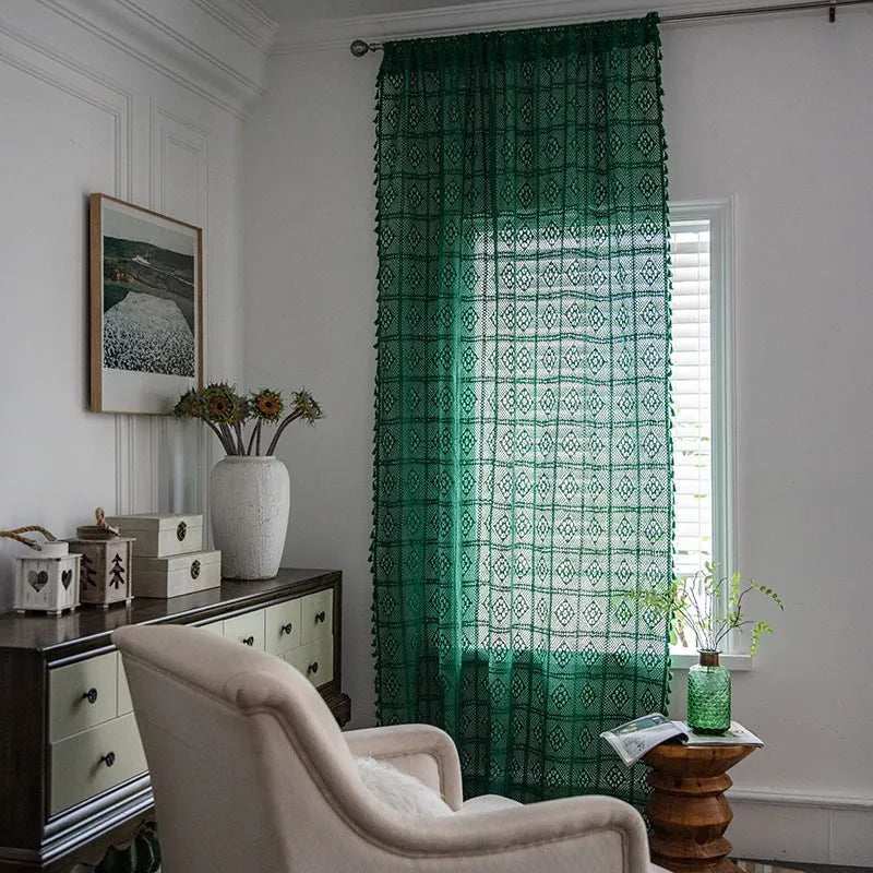 YOUMIKA  -  American Style Dark Green Vintage Hollowing Crochet Patchwork Window Curtain Blackout Drapes for Living Room Study Curtain