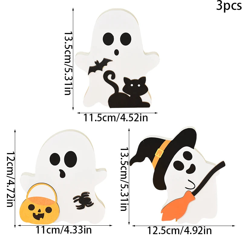 YOUMIKA  -  3Pcs Halloween Party Wooden Ornaments Sign Ghost Black Cat Bat Witch Broom Decorations Indoor Kitchen Table Tray Room Decor