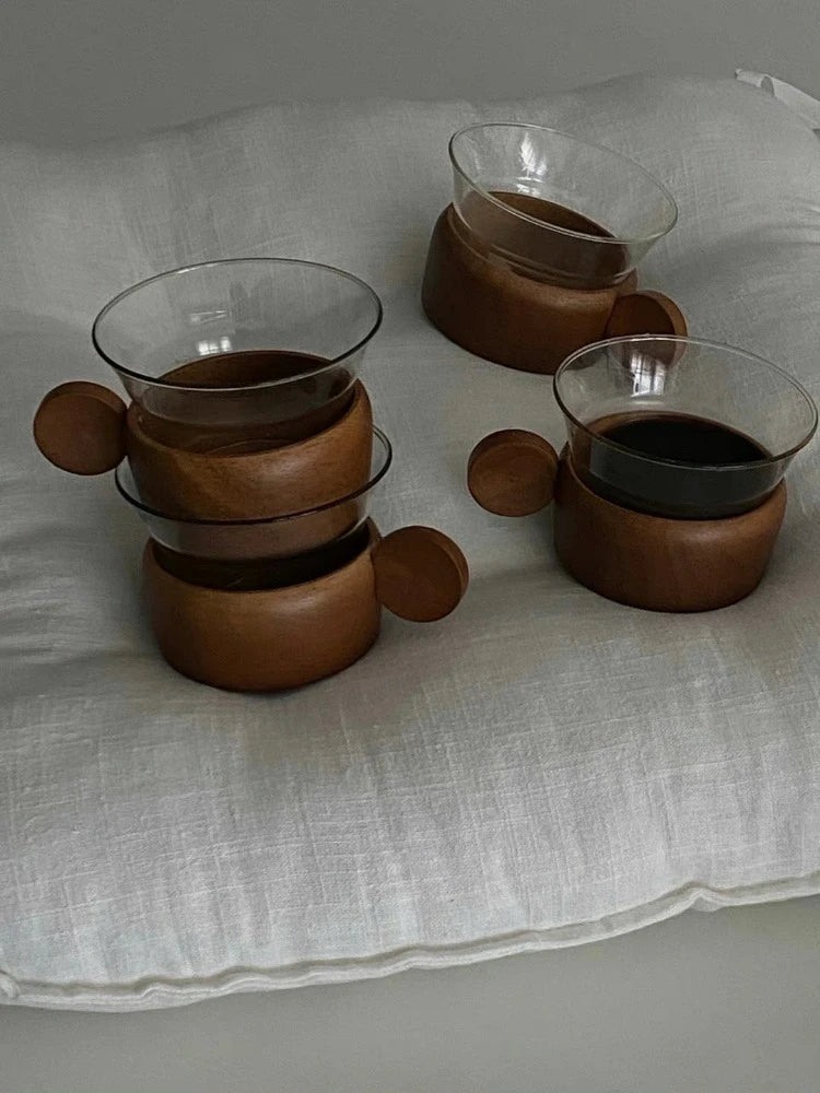 YOUMIKA  -  Creative Retro Cup Holder Ins Style Vintage Coffee Cup Cute Handle Wooden Holder Glass Cup Cocktail Glass Wine Glass