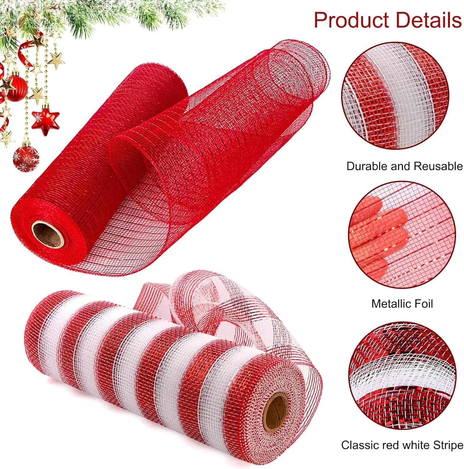 YOUMIKA  -  10Yard Christmas Red White Metallic Mesh Ribbon Xmas Tree Candy Cane Decoration Ornament DIY Wreath Bow 2025 New Year Gift 26cm