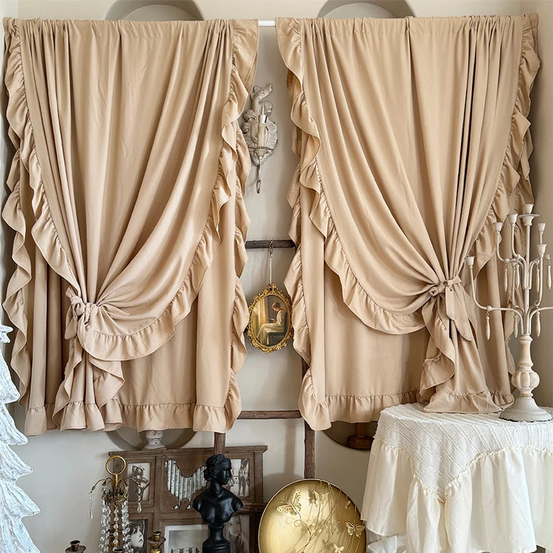 YOUMIKA  -  Ruffle Curtain Room Darkening Tan Farmhouse Curtains for Living Room Bedroom Dining Room Rod Pocket Light Reducing Window Drapes