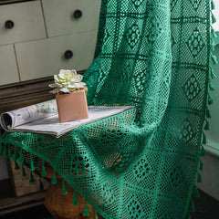 YOUMIKA  -  American Style Dark Green Vintage Hollowing Crochet Patchwork Window Curtain Blackout Drapes for Living Room Study Curtain