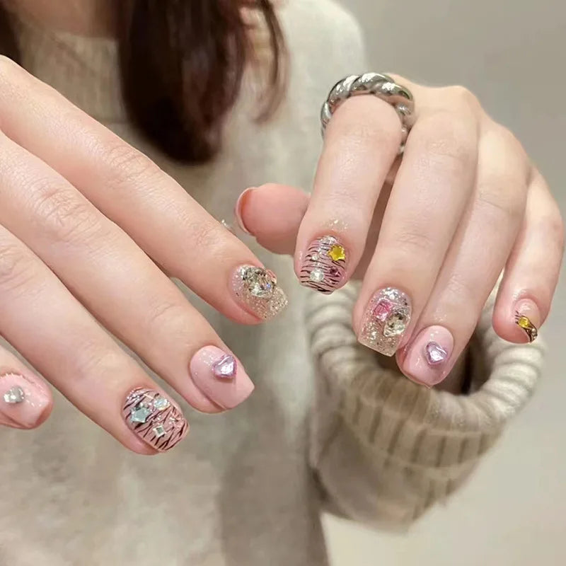 YOUMIKA  -  24PcsGlitter Fake Nails Long Ballet False Nails with Colorful Rhinestone Design French Press on Nails Full Cover Nail Tips