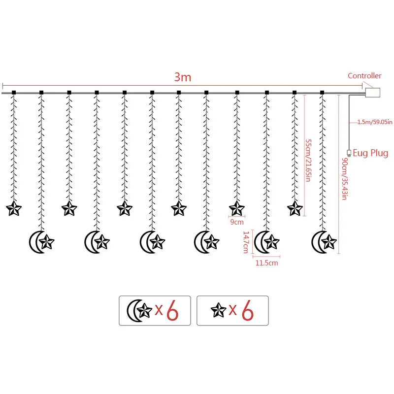 YOUMIKA  -  3Meter Led Fairy Light Garland Ramadan EID Mubarak 12 Moon/Star Lamp 220V EU Islam Lights Curtain Decorations for Home Window