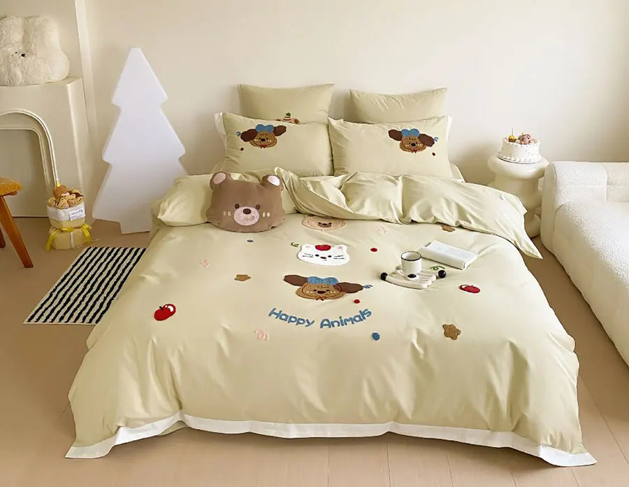 YOUMIKA  -  Fashion cute embroidery dog cat bear bed set 1.2 1.5 1.8,twin full queen cotton home textile bed sheet pillow case duvet cover