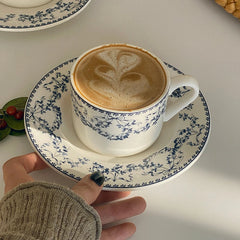 YOUMIKA  -  Retro Chinese Style Blue and White Floral Ceramic Coffee Cups Plates Afternoon Tea Utensils Latte Cups