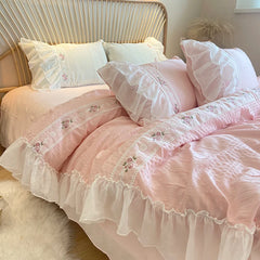 YOUMIKA  -  Pink Korean Princess Style Lace Ruffles Wedding Bedding Set Seersucker Washed Cotton Soft Duvet Cover Set Bed Sheet Pillowcases